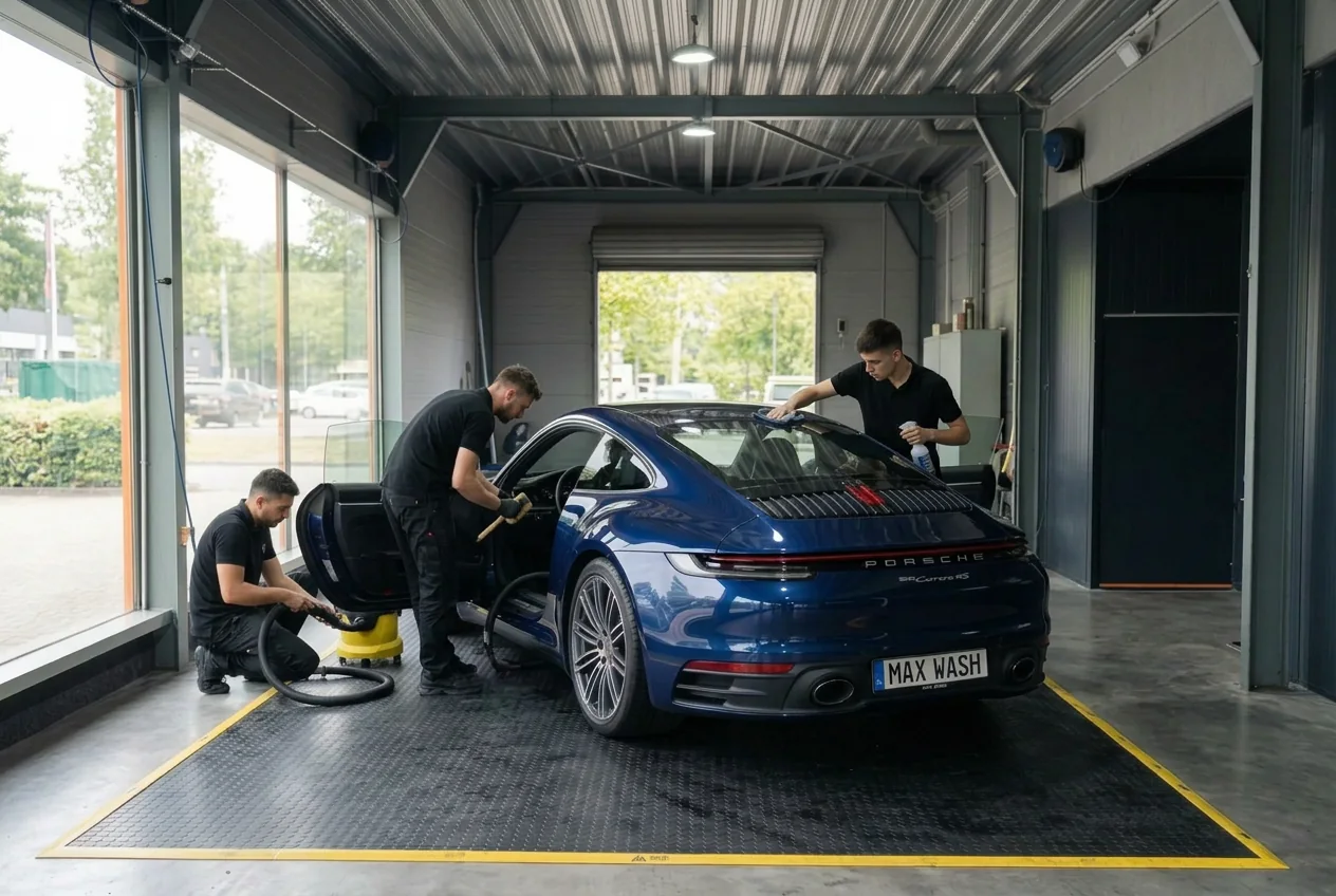 Porsche 911 wird von drei Mitarbeitern innen gereinigt