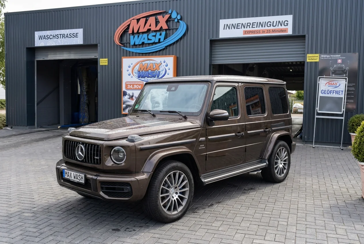 Nasser Mercedes-AMG G63 vor der Waschstraße