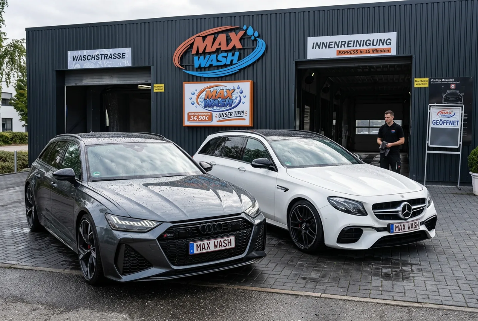Audi RS6 und Mercedes-AMG nach der Wäsche vor dem MAX-WASH-Standort