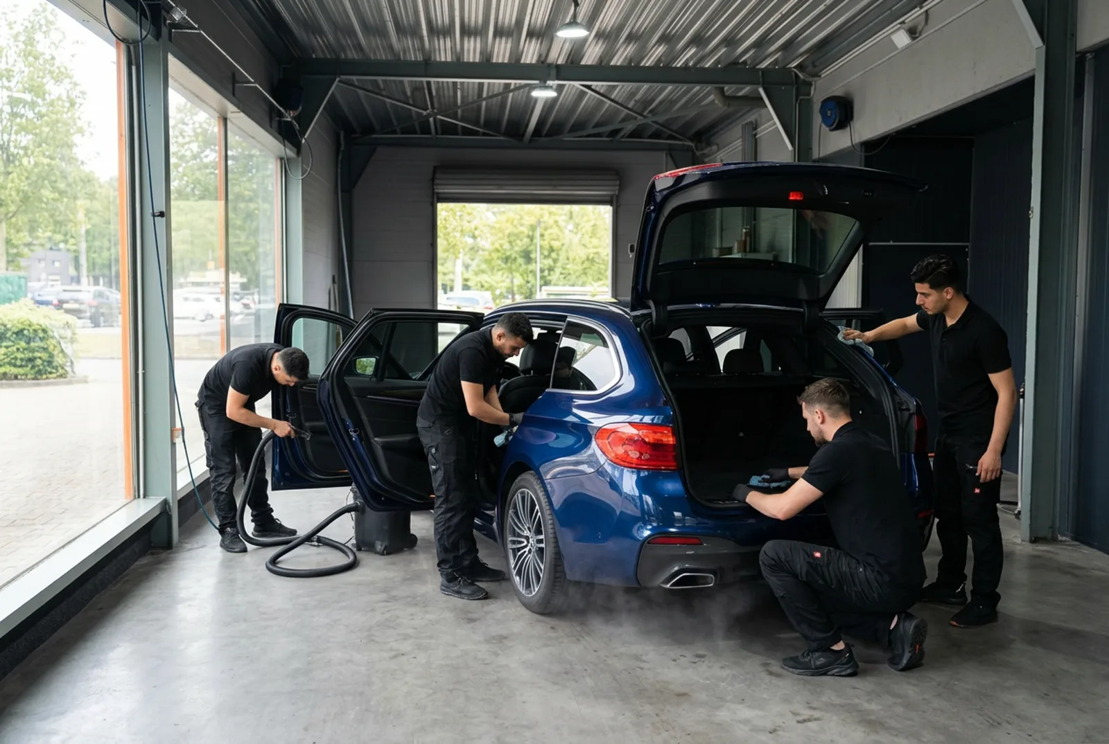 Mitarbeiter bei der Innenreinigung eines Fahrzeugs